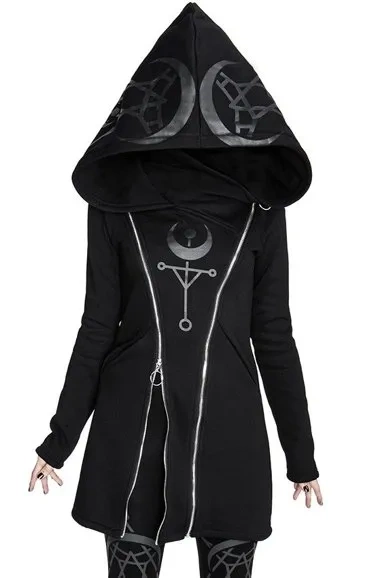 TWIN MOON HOODIE schwarze Gothic-Jacke mit doppeltem Reißverschluss und Aufdruck