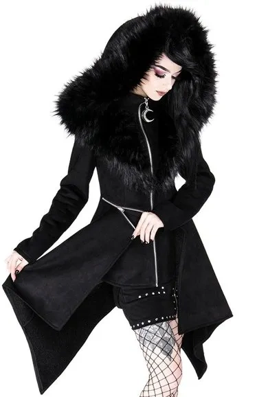 Black long gothic coat with oversized furry hood MYSTERIUM COAT