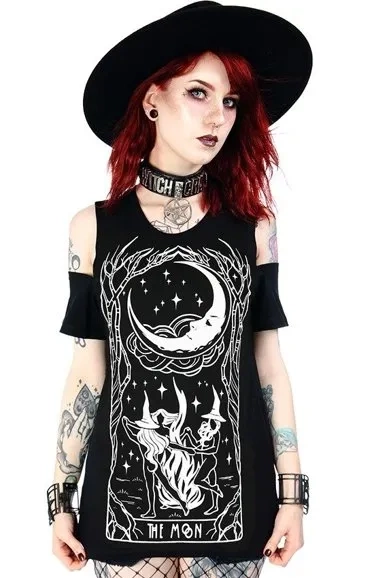 Schwarzes Frauen-T-Shirt kalte Schulter WITCHES CHANT