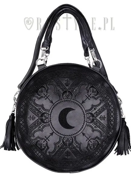 Handtasche mit Mondstickerei, Hexenhandtasche mit Mond und Tesseln "HENNA BLACK ROUND BAG"