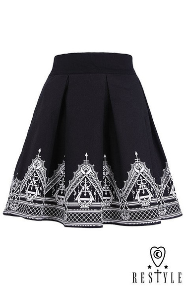 Black pleated short skirt with henna print, moon, symbols "HENNA SKIRT"