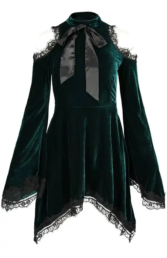 GREEN GAYA DRESS Velvet tunic with bow and side pockets  display picture 3
