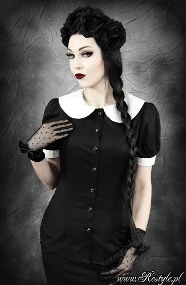 Wednesday Addams black shirt white peter pan collar horror