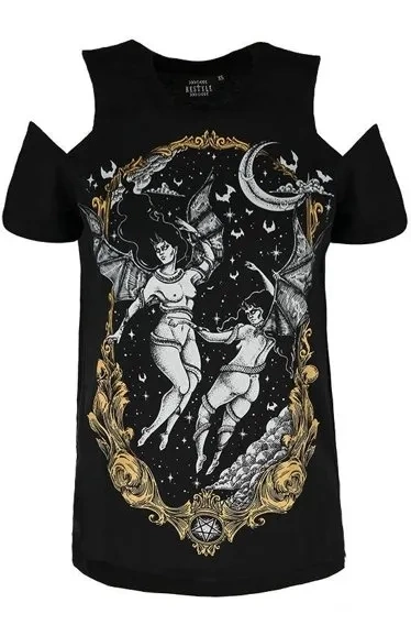 Black gothic T-shirt succubus LAS FURIAS COLD SHOULDER