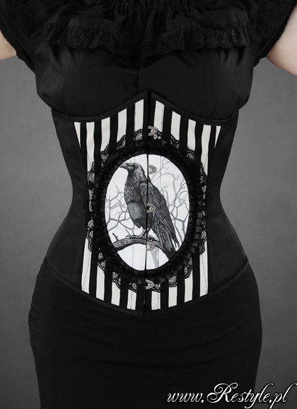 Gorset w stylu gotyckim z krukiem, w paski, underbust „FANTASY RAVEN”