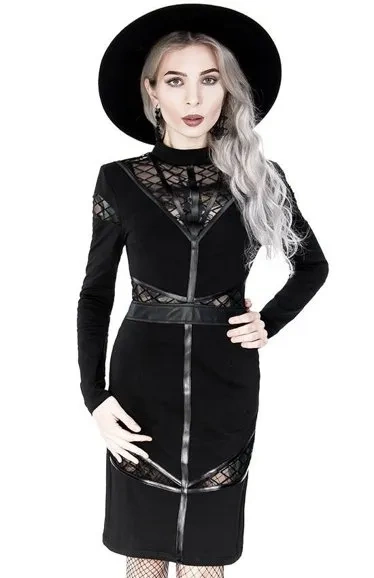 Schwarzes Gothic Cross Bleistiftkleid mit Einsätzen