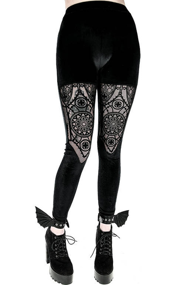 Cathedral Windows leggings, velvet trousers with flocking mesh