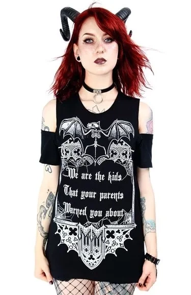Schwarzes Frauen Gothic T-Shirt kalte Schulter Wir sind die Kinder