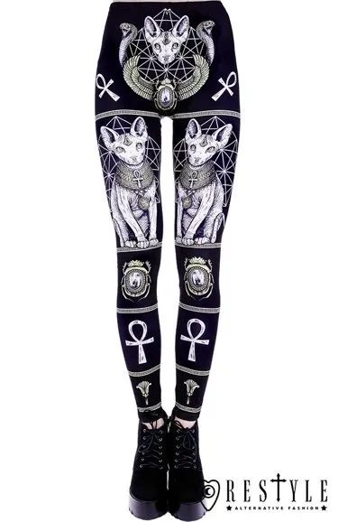 Black gothic leggings with sphynx cat, Bastet,  occult trousers "SPHYNX LEGGINGS"