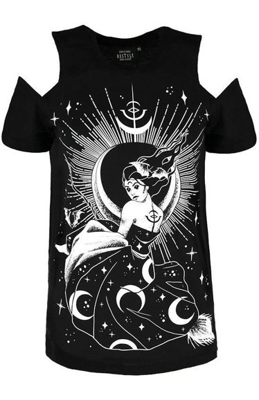 Schwarzes Gothic-T-Shirt mit Hexe NOX COLD SHOULDER