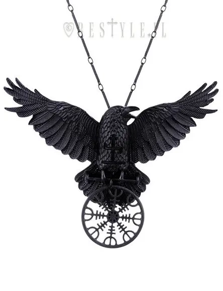 Nordic protection talisman, black crow, healing rune "HELM OF AWE RAVEN PENDANT"