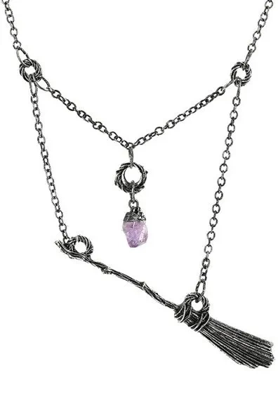 Gothic Hexe Besenstiel Silber Halskette mit lila Kristall