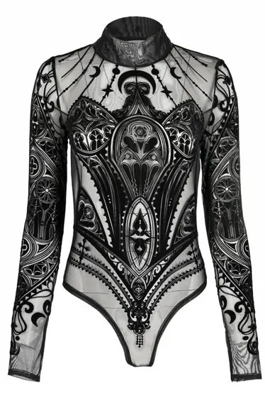 Schwarzes Gothic MESH BODYSUIT CATHEDRAL CORSET