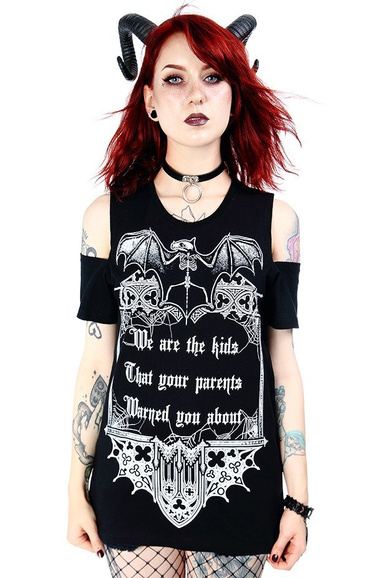 Black women`s gothic T-shirt cold shoulder We are the kids