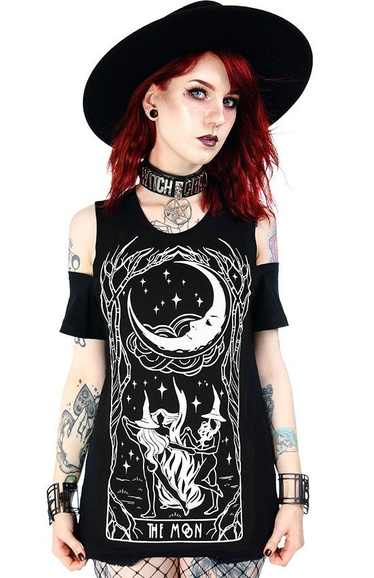 Czarny damski T-shirt cold shoulder Witches Chant czarownice