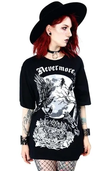 Schwarzes Oversized Damen-Top mit Krähen Nevermore