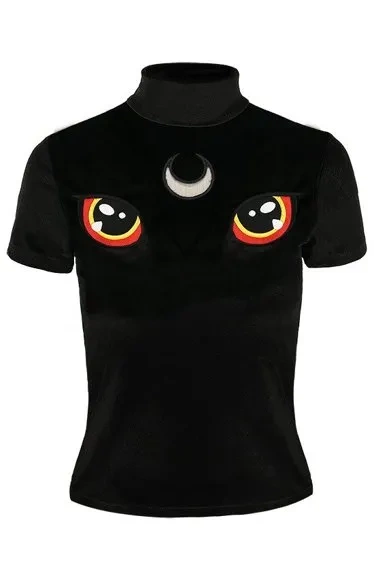 Schwarzes Katzentop aus Samt mit Stickerei I SEE YOU