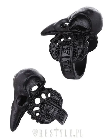 Schwarzer Ring, Vogelschädel, Rabe, Halbmond, okkulter Schmuck "WITCH CROW BLACK"