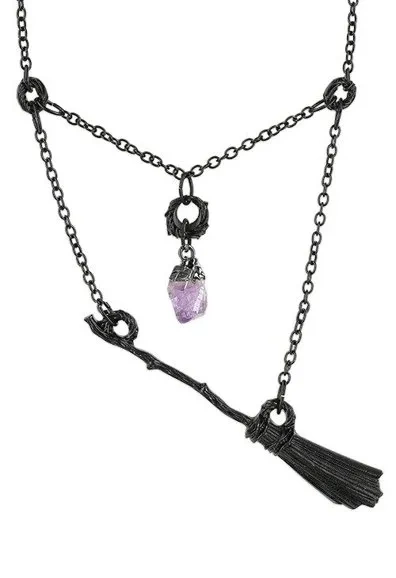 Gothic Hexe Schwarzer Besenstiel Halskette mit lila Kristall