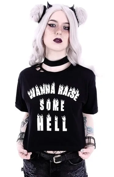 Crop Top Gothic Bluse mit brennenden Buchstaben "WANNA RAISE SOME HELL"