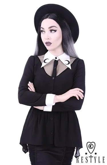 Schwarzes Hemd mit Basquine, Weiß, langer Kragen mit Halbmondstickerei "LUNA SHIRT"