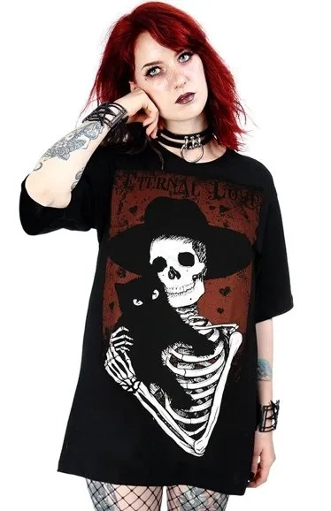Schwarzes Frauen Oversize-T-Shirt Skelett ETERNAL LOVE