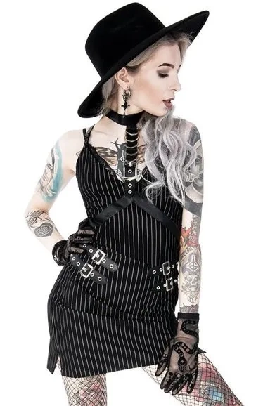 Collared Pinstriped Mini Gothic Dress