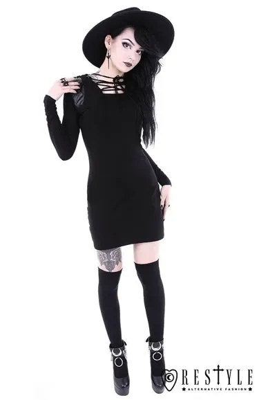 Schwarzes Gothic-Kleid mit Schnürung und Kapuze "ARMOR DRESS"