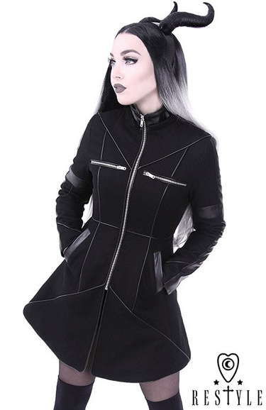 Black winter jacket with pockets, detachable hood, wool "GEOMETRY COAT"