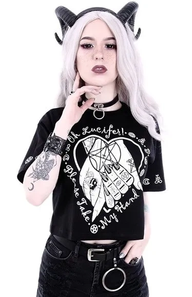Gothic Bluse, okkultes T-Shirt Crop Top "OH LUCIFER"
