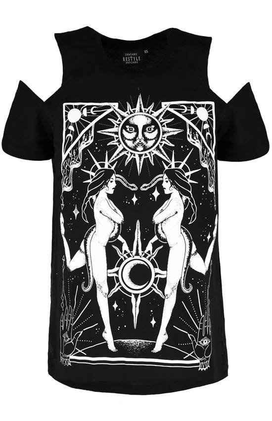 Black gothic T-shirt Sorceress COVEN COLD SHOULDER