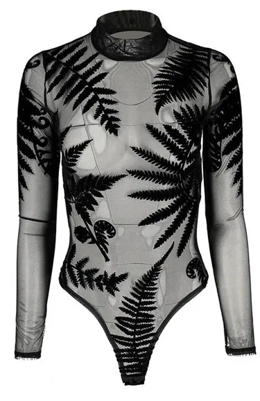 Schwarzer Gothic FOREST WITCH MESH FERN BODYSUIT