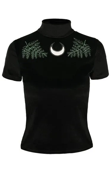 Schwarzes Samt-Wald-Top mit Stickerei FERN VELVET TOP