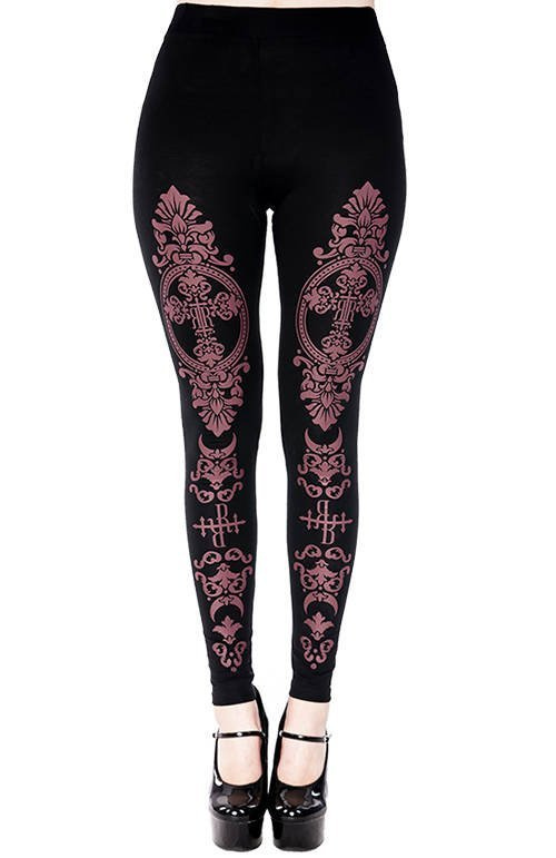 Czarne legginsy z purpurowym monogramem