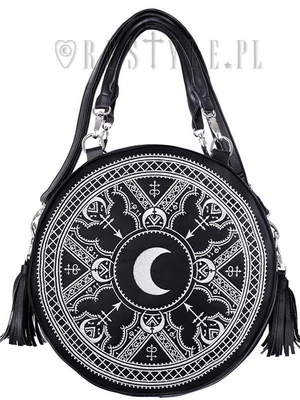 "HENNA WHITE ROUND BAG" Moon embroidery handbag, witchy purse with moon & tessels