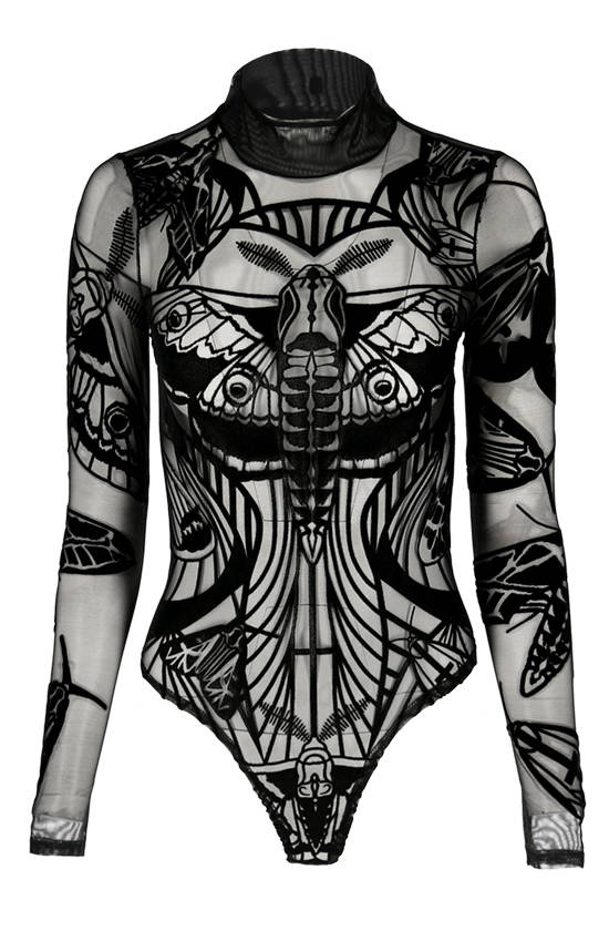 MOTH CONTOUR MESH FLOCKED BODYSUIT