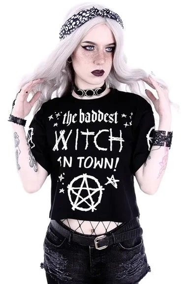 Crop Top Gothic Bluse "THE BADDEST WITCH IN TOWN"