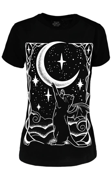 Czarny dopasowany damski T-shirt CAT CRESCENT