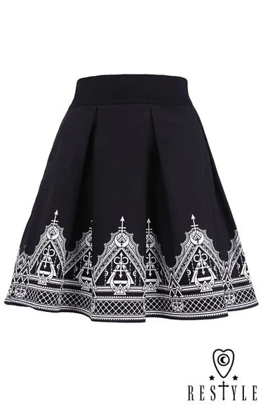 Schwarzer kurzer Faltenrock mit Henna-Druck, Mond, Symbole "HENNA SKIRT"