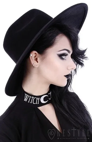 Schwarzer Gothic Hut mit breiter Krempe, steif, Nugoth Kopfschmuck "WITCH"