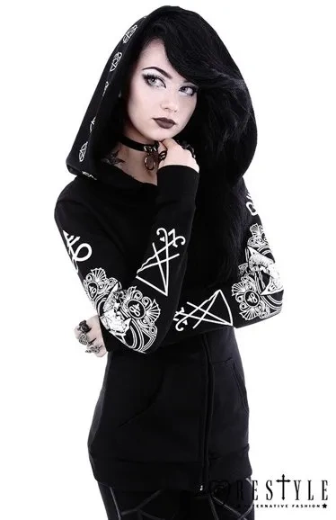 Gothic-Bluse mit übergroßer Kapuze, Widder-Totenkopf und Pentagramm "RITUAL HOODIE"