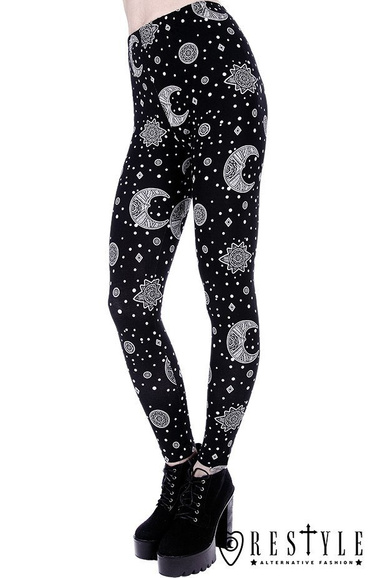 Czarne gotyckie legginsy, getry bawełniane, księżyc "HIPPIE MOON LEGGINGS"