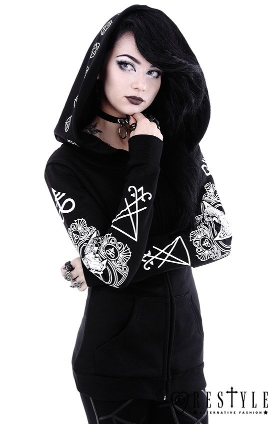 Gotycka bluza, Czaszka kozła, pentagramy, obszerny kaptur "RITUAL HOODIE"