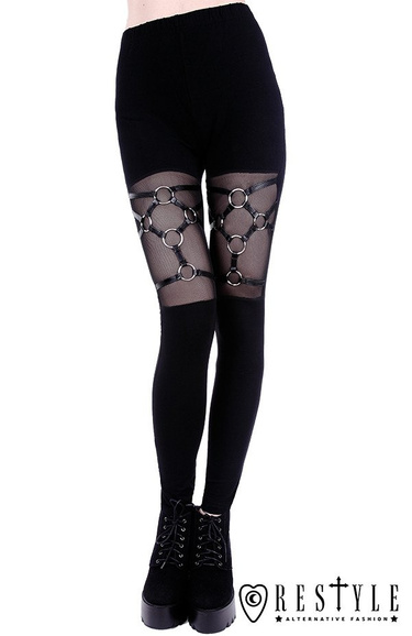 Czarne gotyckie legginsy, getry bawełniane, o-ringi "HARNESS LEGGINGS" 