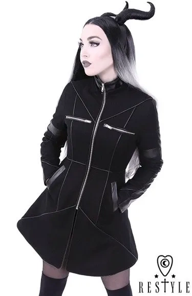 Schwarze Winterjacke mit Taschen, abnehmbare Kapuze, Wolle "GEOMETRY COAT"