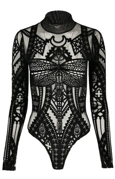 CATHEDRAL DRAGONFLY MESH & VELVET  BODYSUIT