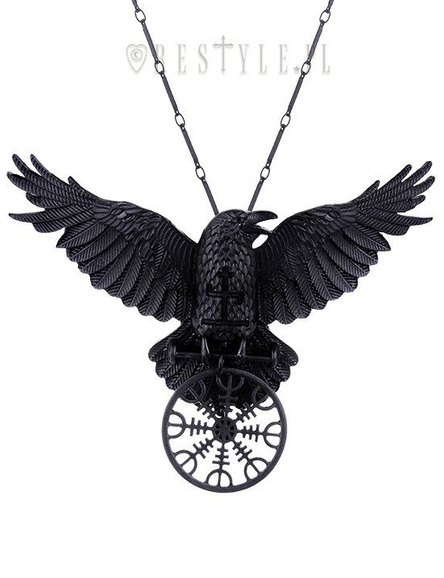 Czarny gotycki naszyjnik, kruk, runiczna tarcza ochronna, nordycki wisior "HELM OF AWE RAVEN PENDANT"