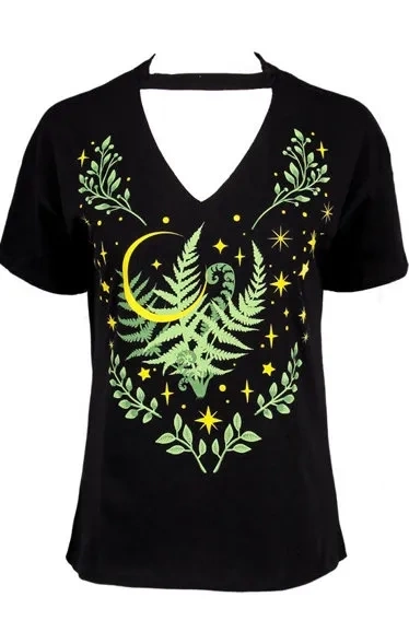 Kräuter-T-Shirt mit Halsband und Farnblatt