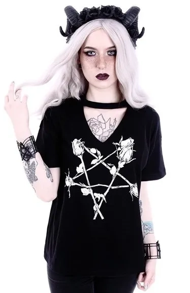 Gothic-Bluse, hexenhafter V-Ausschnitt mit Halsband "ROSE PENTAGRAM"