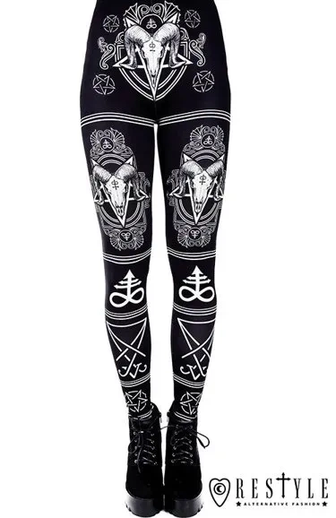 Schwarze Gothic-Leggings mit Widder-Totenkopf und Pentagramm "SATANIC LEGGINGS"